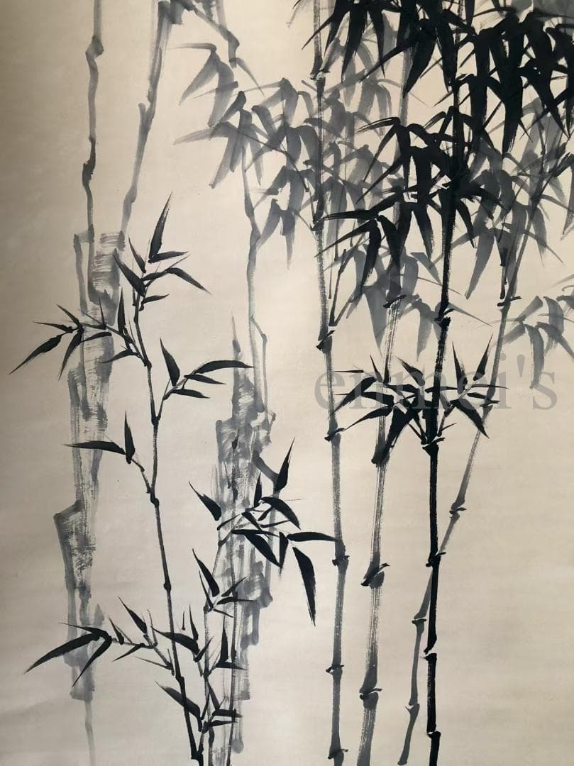 中国古美術・純手描き四尺竹の掛軸・水墨画・鄭板橋印款・文房置物・茶道・肉筆・書画