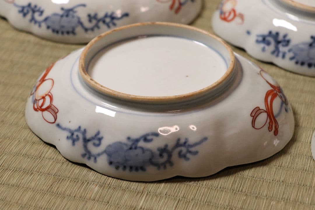 古伊万里 鳥の図 色絵 刺身皿 変形皿 五客 錦手 鴛鴦 鶴 瓢箪 CL96