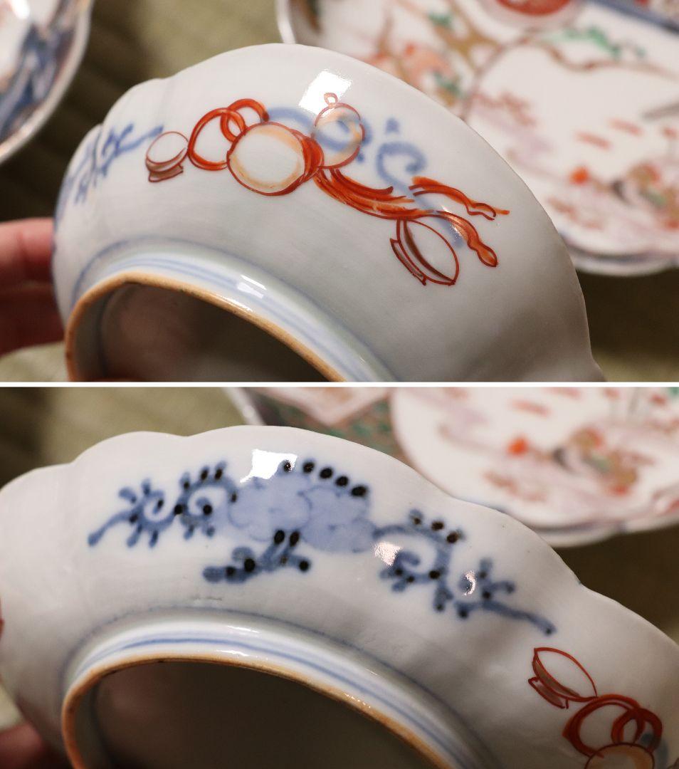 古伊万里 鳥の図 色絵 刺身皿 変形皿 五客 錦手 鴛鴦 鶴 瓢箪 CL96