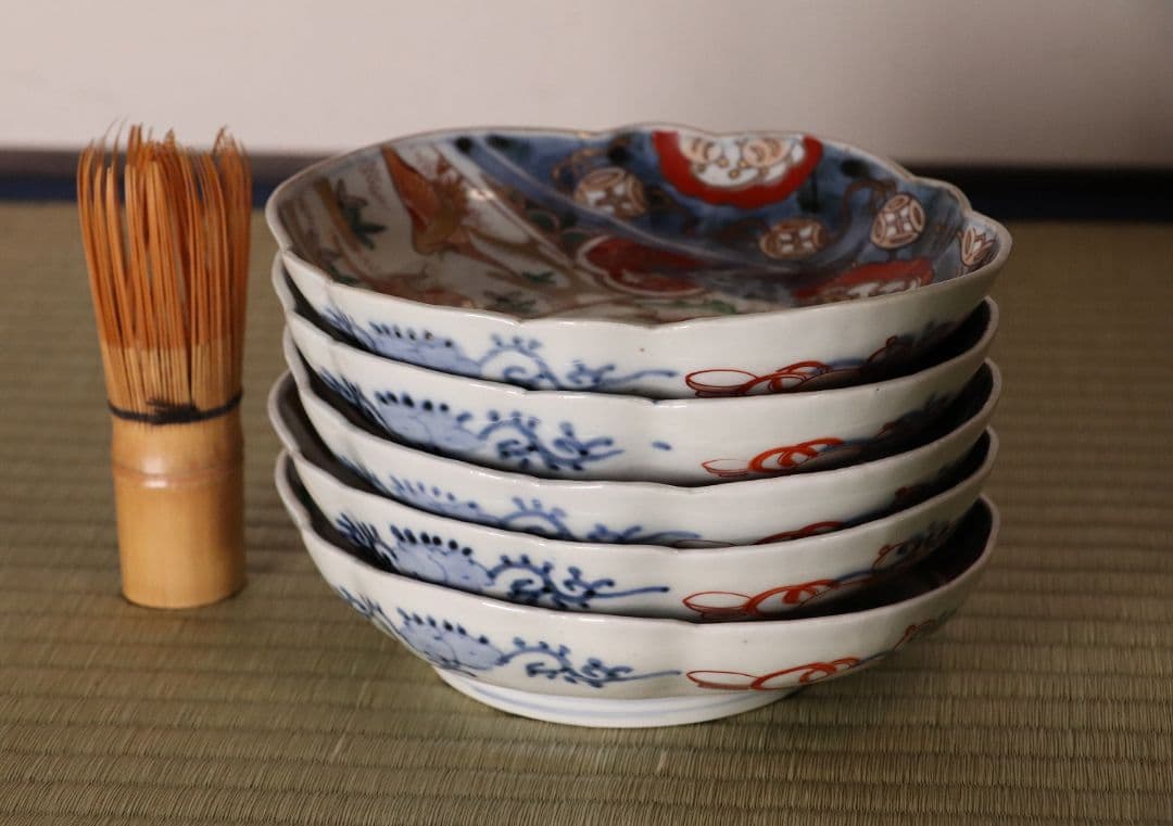 古伊万里 鳥の図 色絵 刺身皿 変形皿 五客 錦手 鴛鴦 鶴 瓢箪 CL96