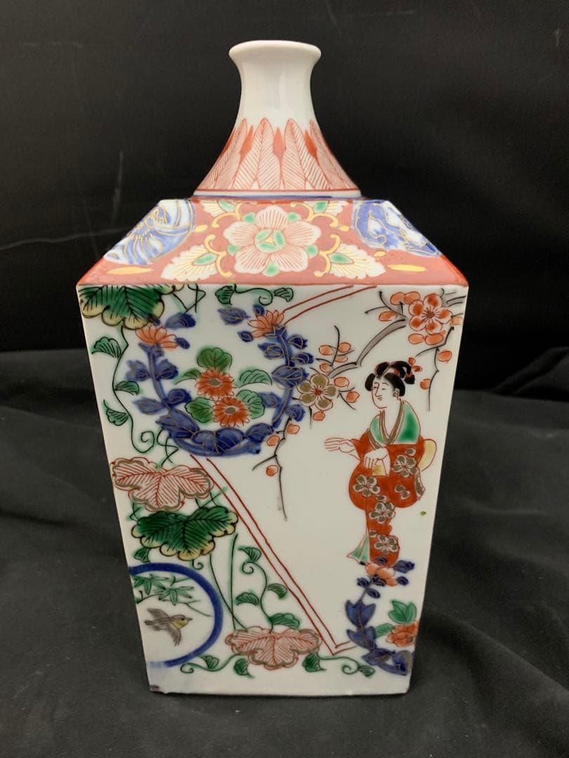 二重角福　美人画　色絵金彩　角瓶　壷　徳利　一輪挿し　古伊万里