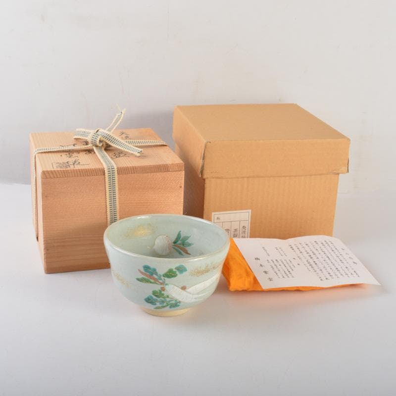 茶道具　京焼　平安　橋本紫雲造　失透釉　大根蕪文　茶碗　共箱　V　6555