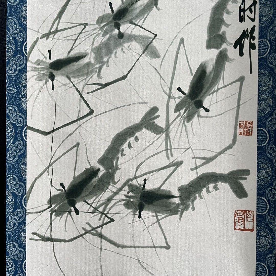 四条墨虾図　斉白石風　掛け軸　水墨画　客間・玄関装飾　国画　146×35cm