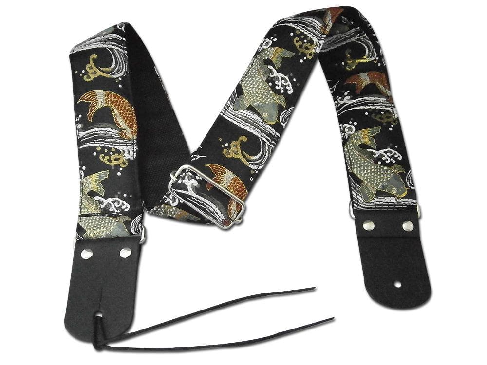 京都 西陣織り 和柄ギターストラップ 鯉柄/黒