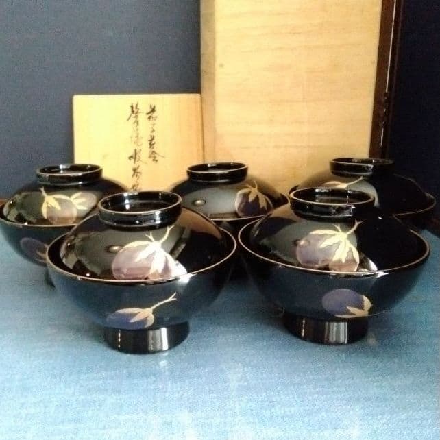 輪島塗　茄子の絵の吸い物椀　五客