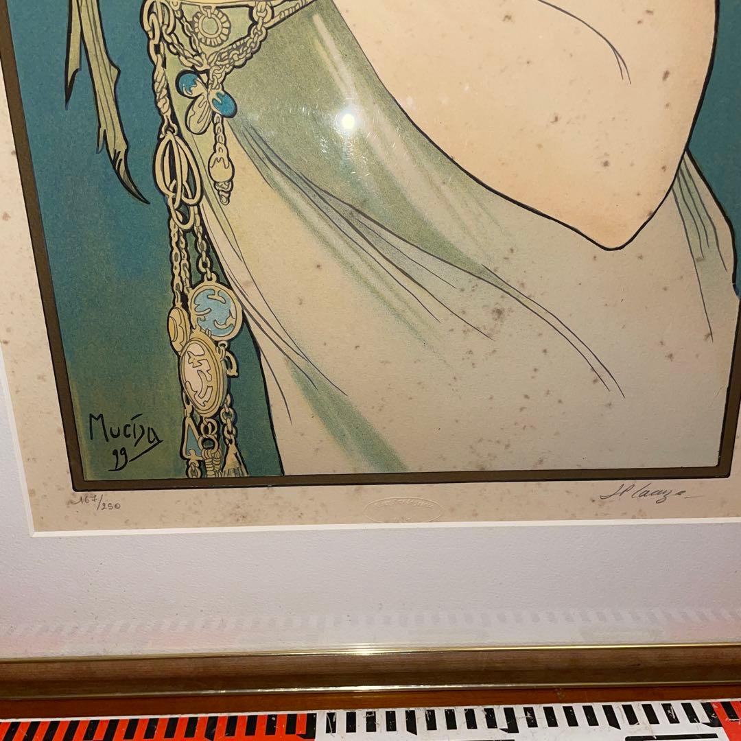 アルフォンス・ミュシャ　羽根ペン　リトグラフ　絵画　額縁　大型　美術品