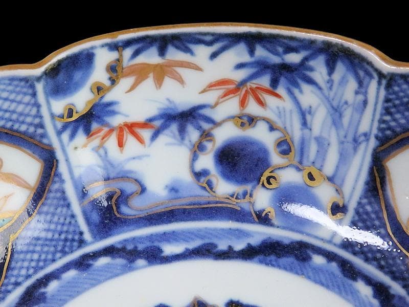 古伊万里　染錦　窓絵　雪輪に笹　花の図　膾皿　江戸期　C744AS-fbtv