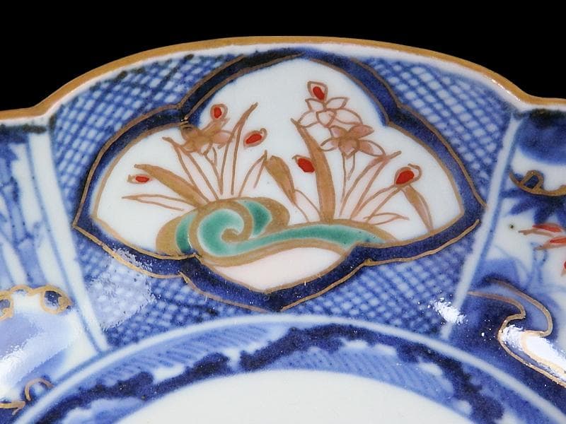 古伊万里　染錦　窓絵　雪輪に笹　花の図　膾皿　江戸期　C744AS-fbtv