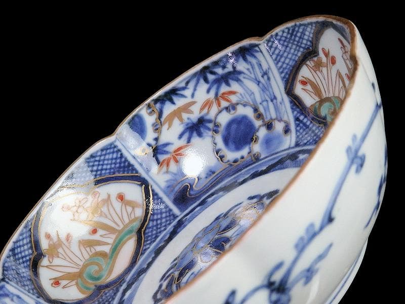 古伊万里　染錦　窓絵　雪輪に笹　花の図　膾皿　江戸期　C744AS-fbtv