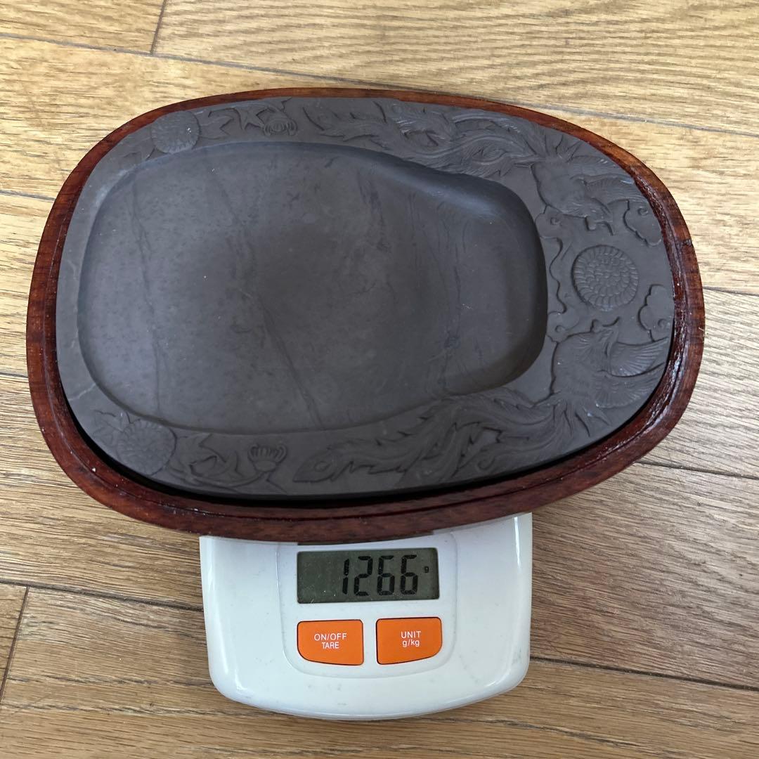 中国骨董大きめ端州石 【中国端渓麻子坑細工彫刻双鳳菊花図貴重紫端古硯】新品未使用