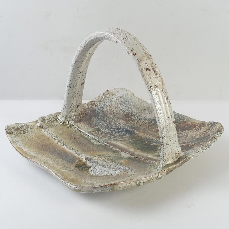 益子焼　高内秀剛作　塩釉　手付四方皿　共箱　V　R9086B