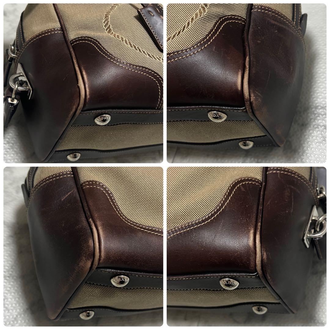 プラダ ロゴジャガード ミニボストン ハンドバッグ キャンバス レザー ベージュ