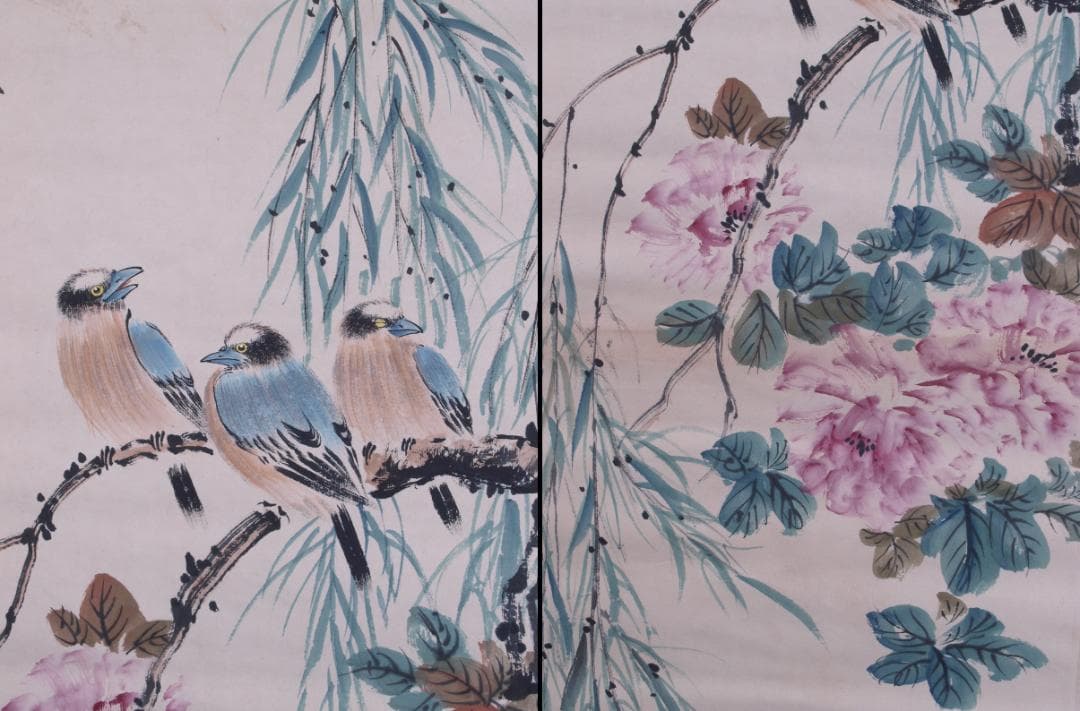 蔵整理品　中国清時代掛け軸　肉筆水彩絵　骨董品　I1578A13-1