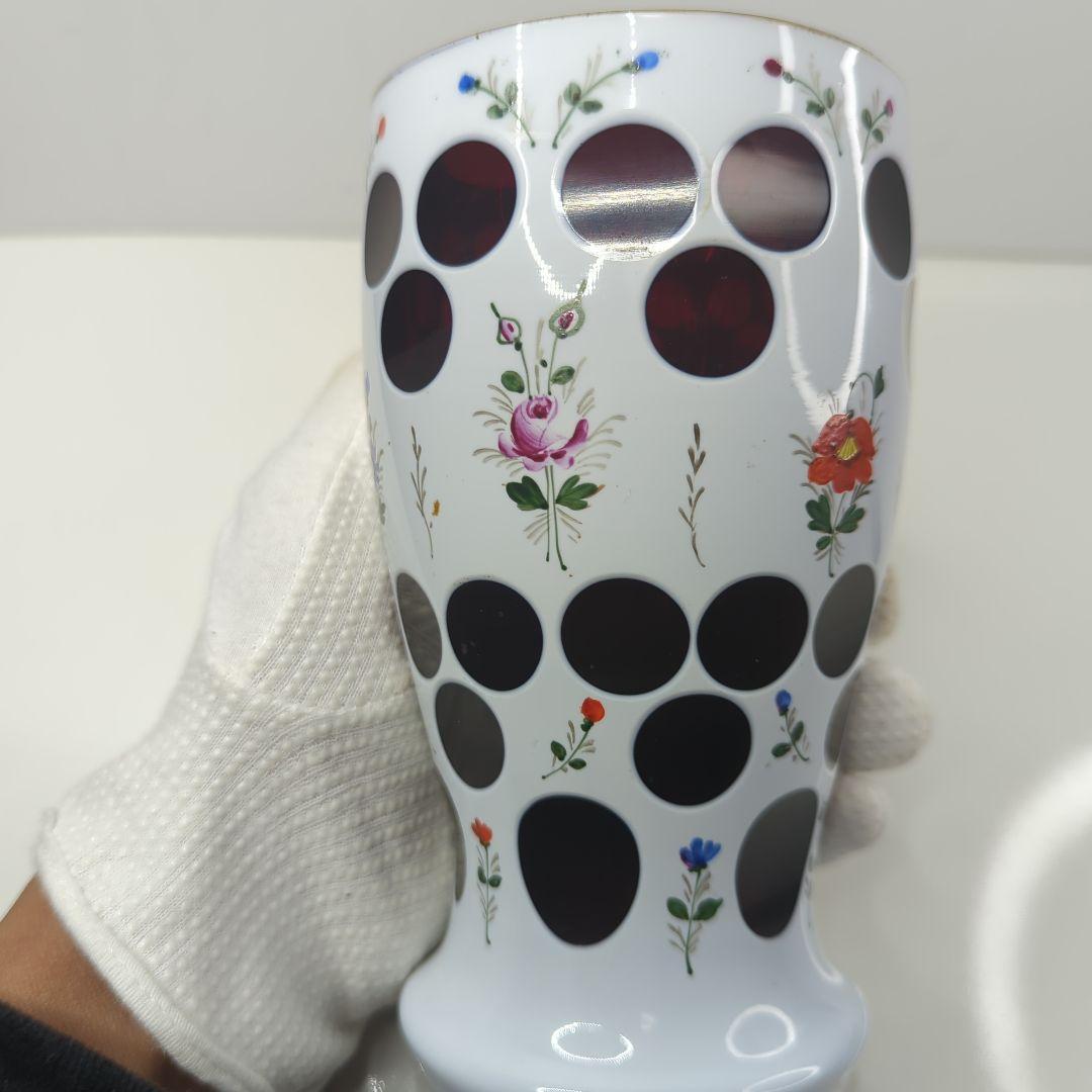 【 アンティーク 】 ボヘミアガラス／花瓶／フラワーベース／琺瑯／ホーロー