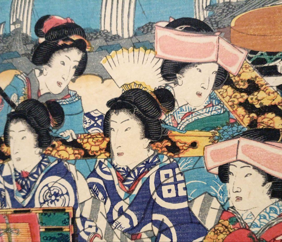 浮世絵版画東都霞ガ関乃圖三枚綴り香蝶楼国貞画（二代国貞四代豊国)安政4年出版