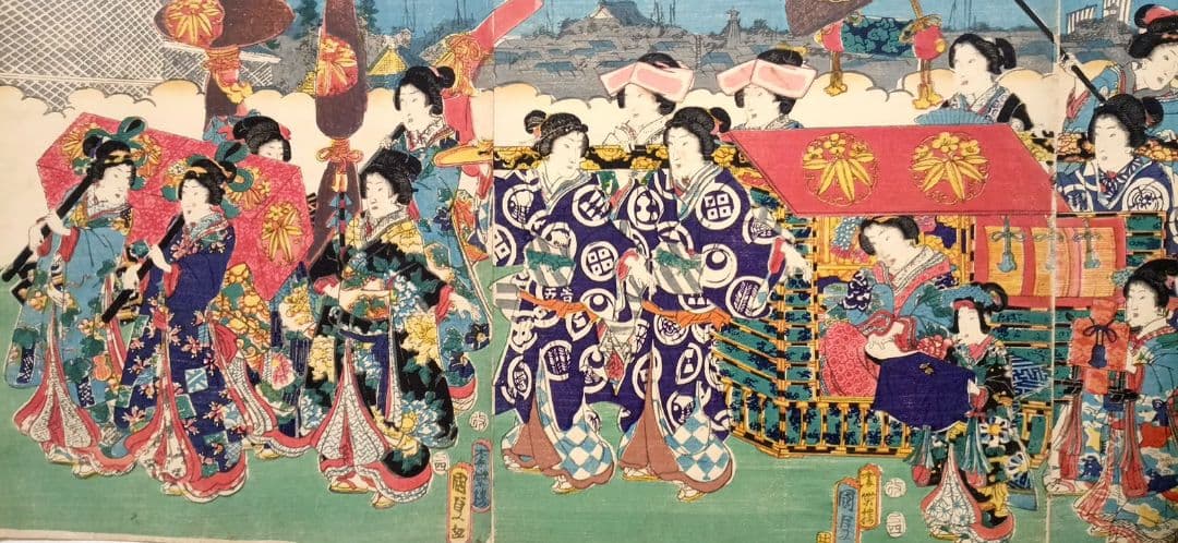 浮世絵版画東都霞ガ関乃圖三枚綴り香蝶楼国貞画（二代国貞四代豊国)安政4年出版