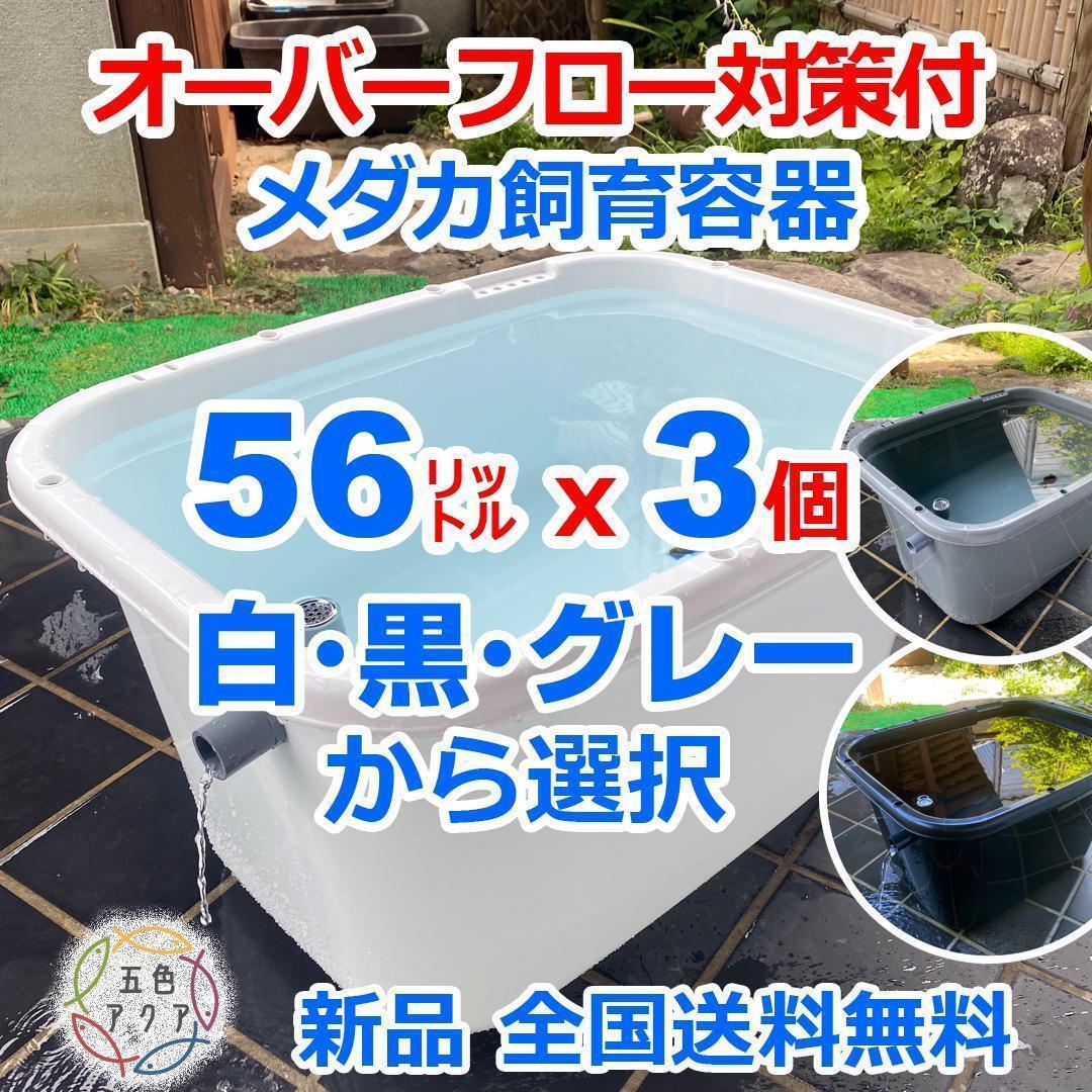【新仕様】メダカ飼育ケース 56㍑x3個 白黒灰選択可 大雨対策付き 金魚飼育