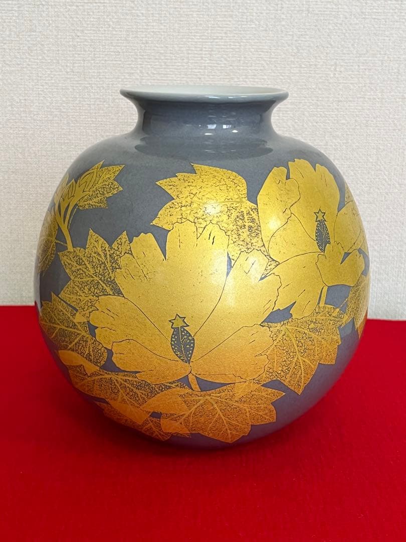 【珍色】 人間国宝 吉田美統『釉裏金彩 芙蓉文 花瓶』Y30 本物保証