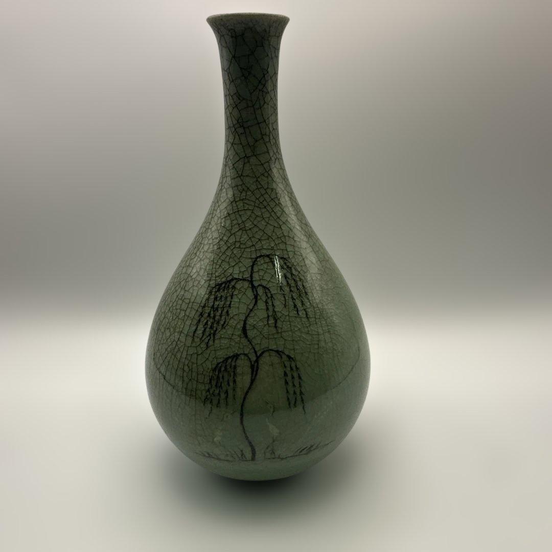 【美品】花器 花瓶 韓国人間文化財 柳海剛 高麗青磁 人間国宝
