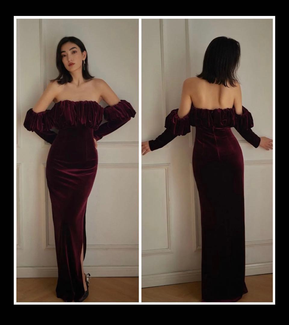 バーガンディ オフショルダーベルベットドレス