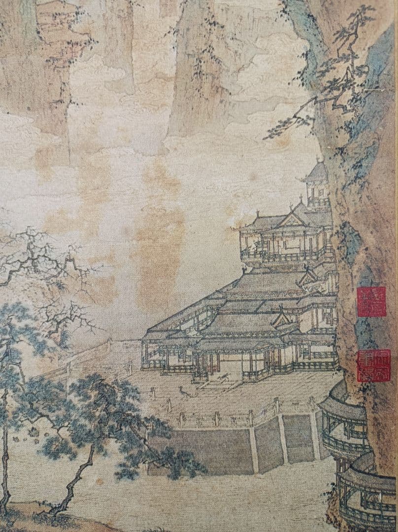 レア 仇英 軸 おもてなし 開運 絵 滝 山水 城 中国 美術 骨董 インテリア