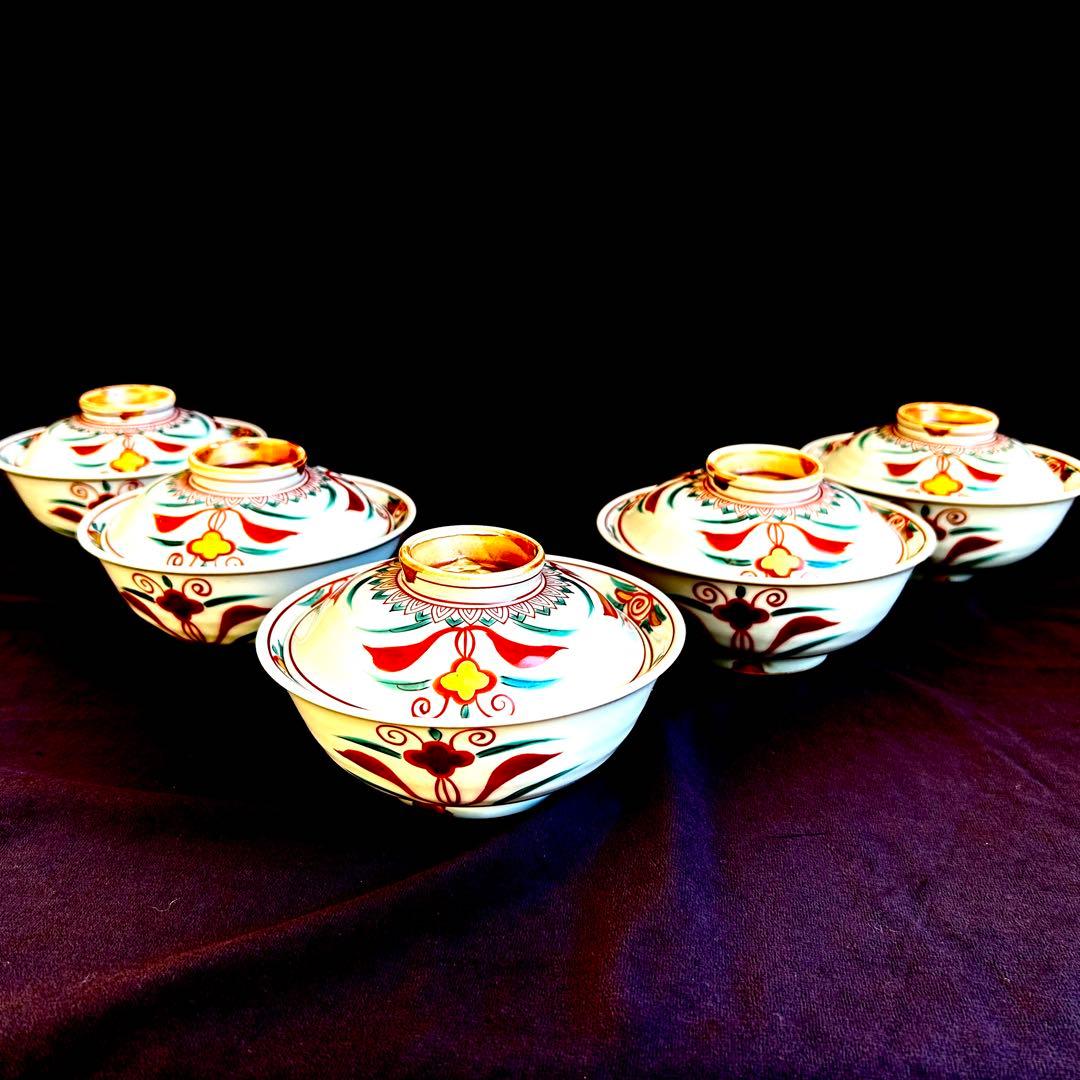 【未使用．美品】清水焼き　 蓋茶碗　蓋付き碗　飯碗　茶碗 色絵 五客 和食器