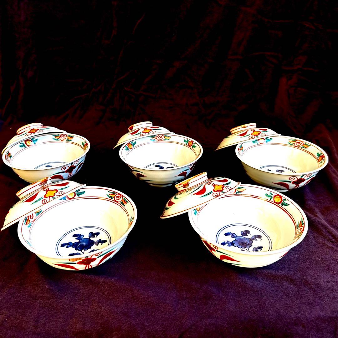 【未使用．美品】清水焼き　 蓋茶碗　蓋付き碗　飯碗　茶碗 色絵 五客 和食器