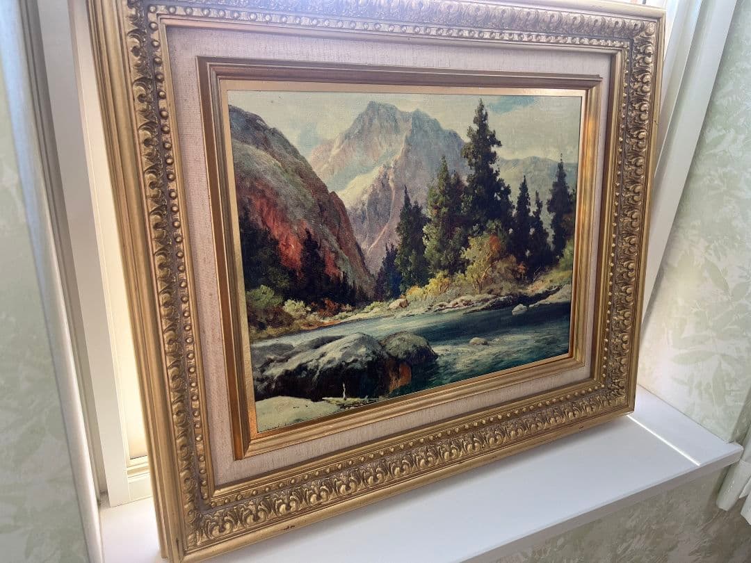 ウッド作　テトンズ川　　ワイオミングの流れ　油絵