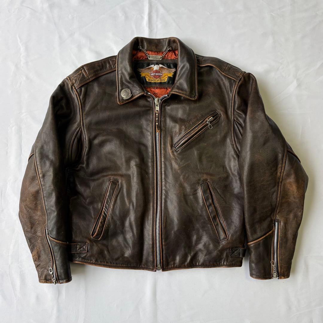 Harley-Davidson ブラウン エンボスロゴ レザージャケット M