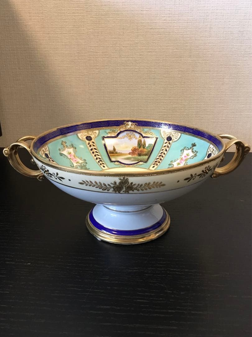 オールドノリタケ　金盛上　河畔風景紋図両耳飾り大鉢