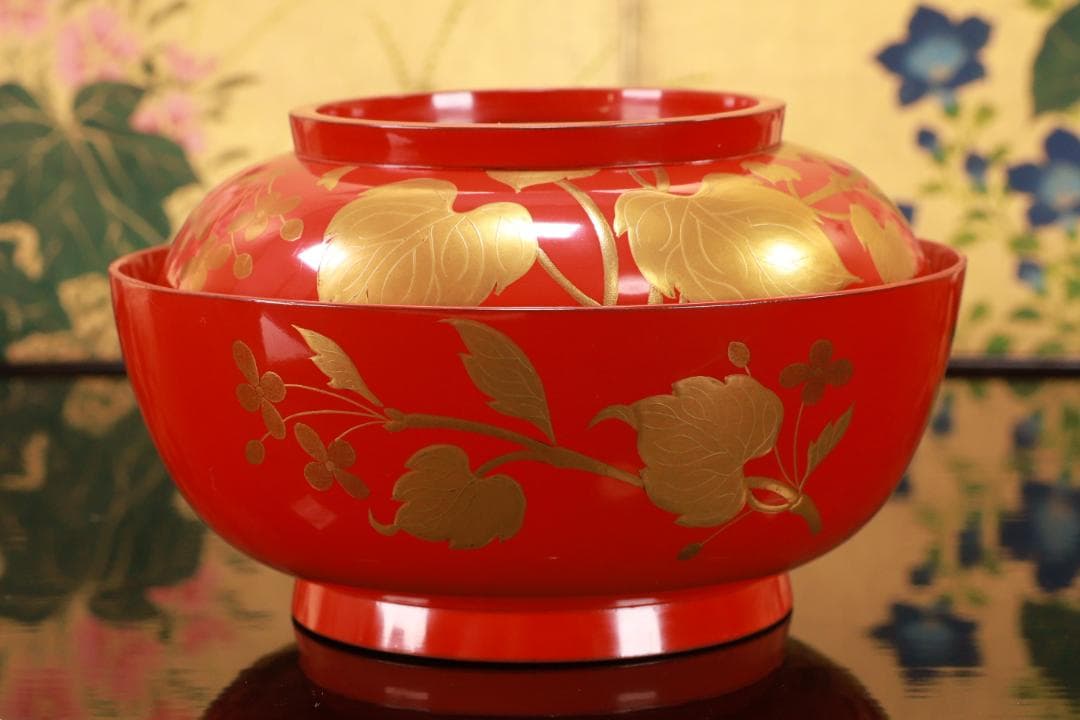 BK128　時代輪島塗　草花図金蒔絵　吸物椀　五客　木製　茶道具 懐石 菓子