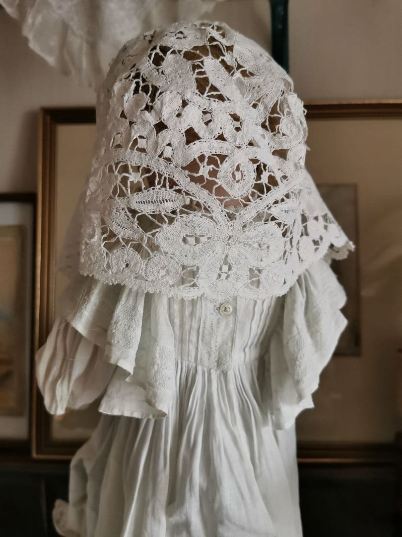 アンティーク ベルギーブルージュ ボビンレース ボネ リネンキャップ 三つ葉☘