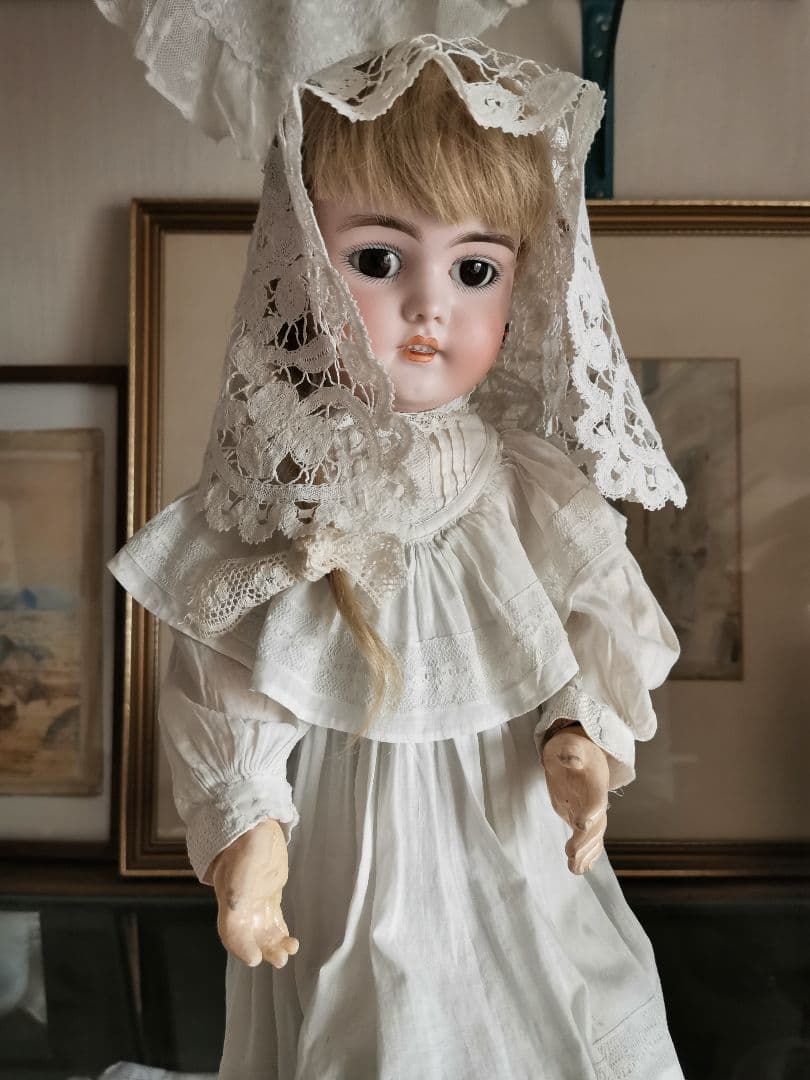 アンティーク ベルギーブルージュ ボビンレース ボネ リネンキャップ 三つ葉☘