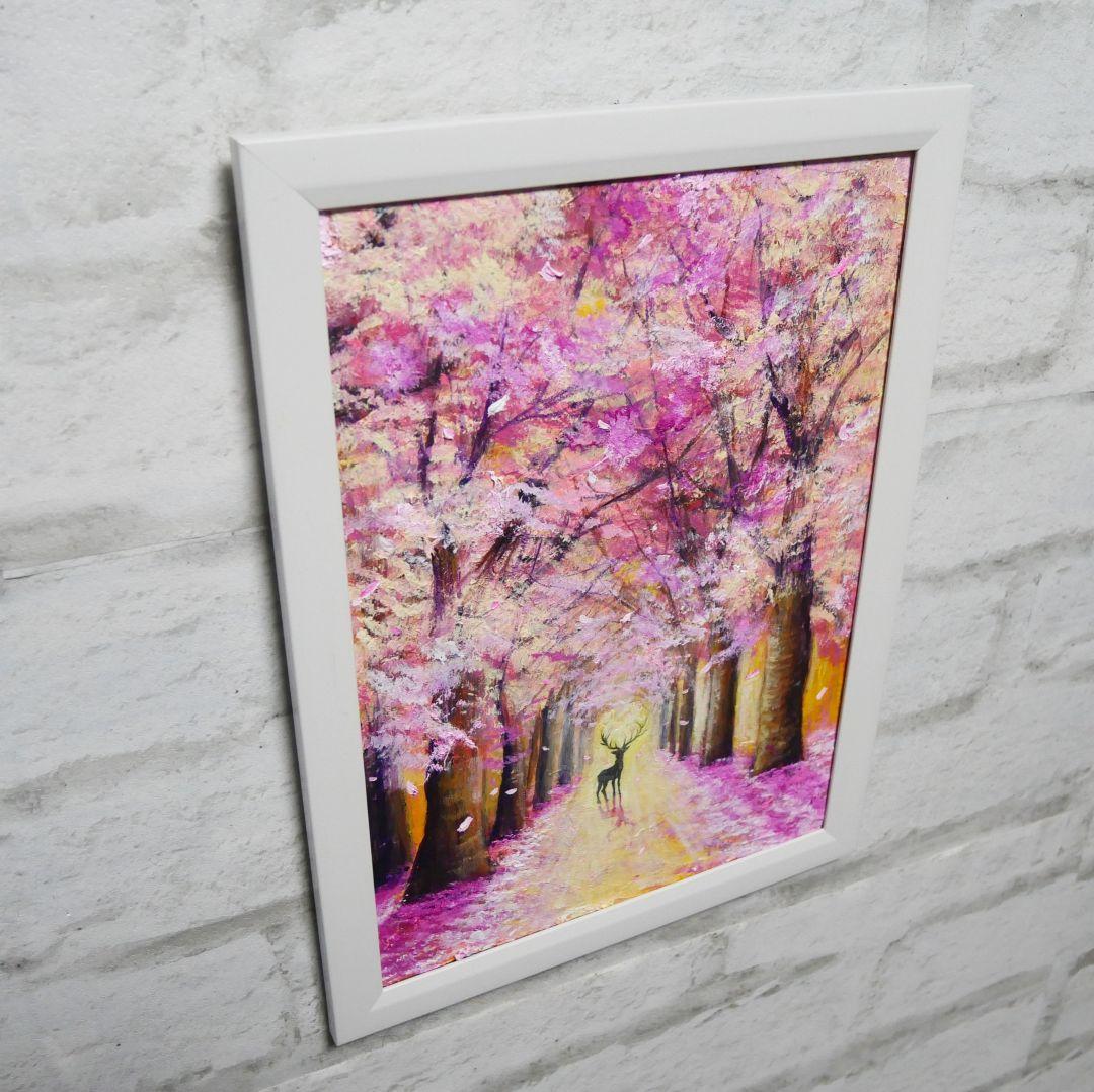 油絵 油彩 油彩画 絵 絵画【春景色の中で桜に立つ鹿】
