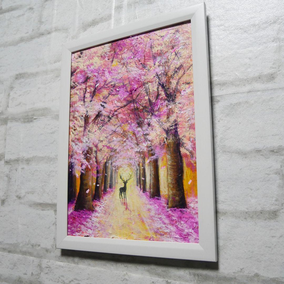 油絵 油彩 油彩画 絵 絵画【春景色の中で桜に立つ鹿】