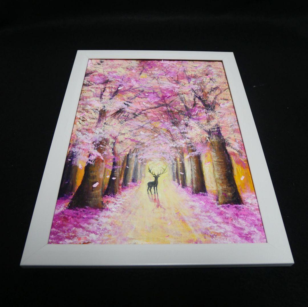 油絵 油彩 油彩画 絵 絵画【春景色の中で桜に立つ鹿】