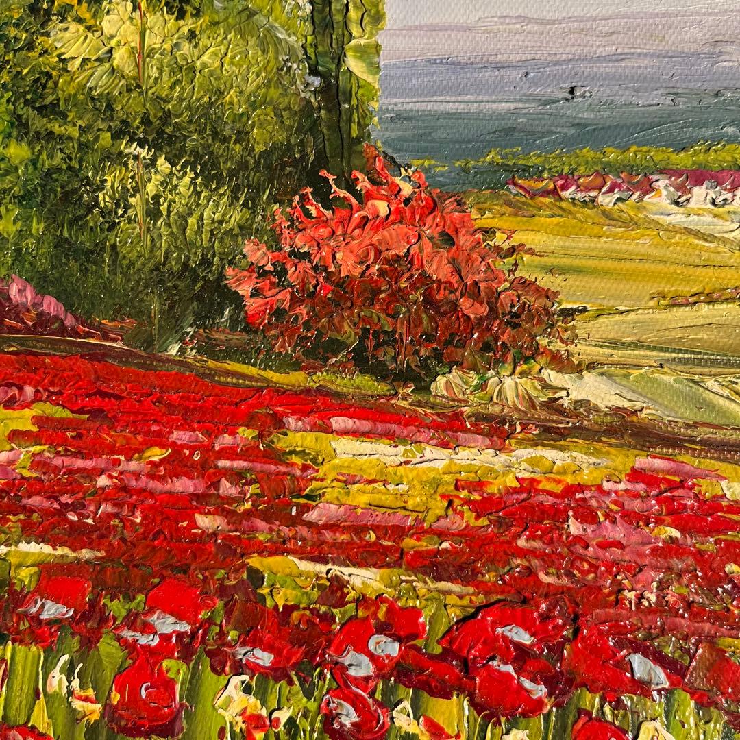 手描き油絵 アネモネ畑 額付 肉筆絵画 インテリア 油彩画