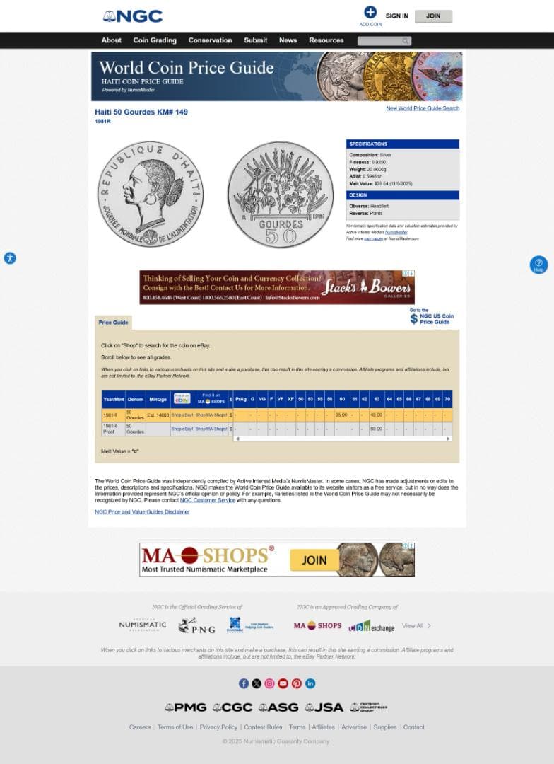 NGC-MS68 ハイチ 1981 世界食糧デー記念 銀貨 50Gourdes