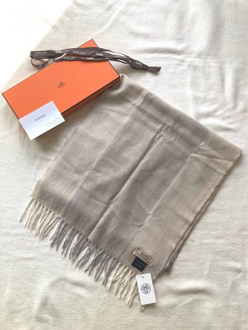 未使用タグ付　エルメス　切替　カシミヤ100 マフラー　グレージュ　箱・カード付