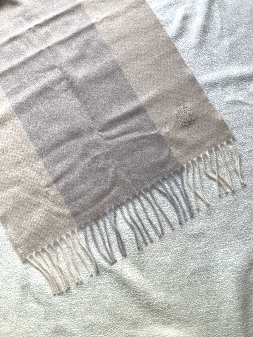 未使用タグ付　エルメス　切替　カシミヤ100 マフラー　グレージュ　箱・カード付