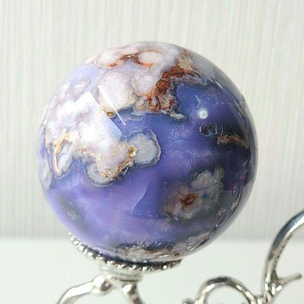 ブルー桜瑪瑙　スフィア　天然石置物　フラワーアゲート　原石　丸玉　ディスプレイ