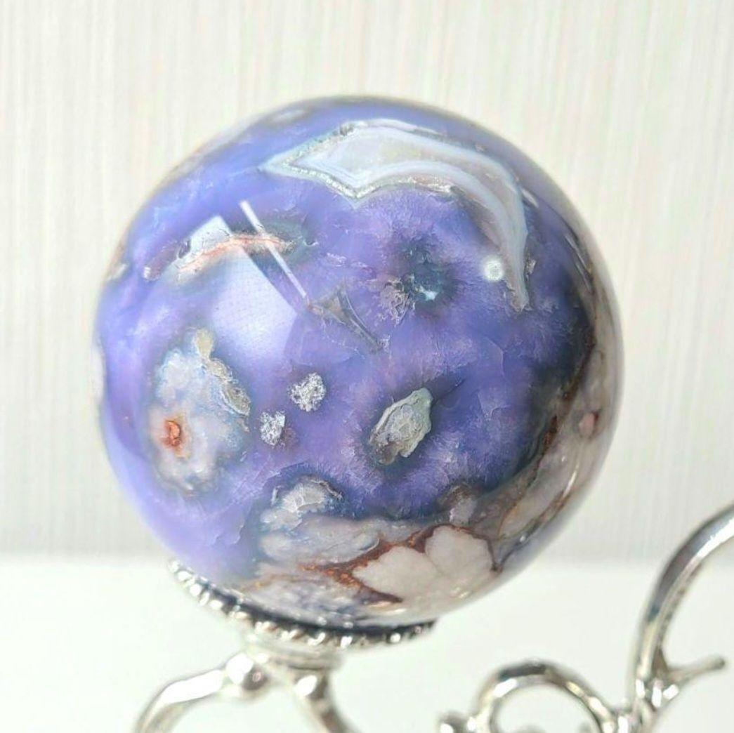 ブルー桜瑪瑙　スフィア　天然石置物　フラワーアゲート　原石　丸玉　ディスプレイ