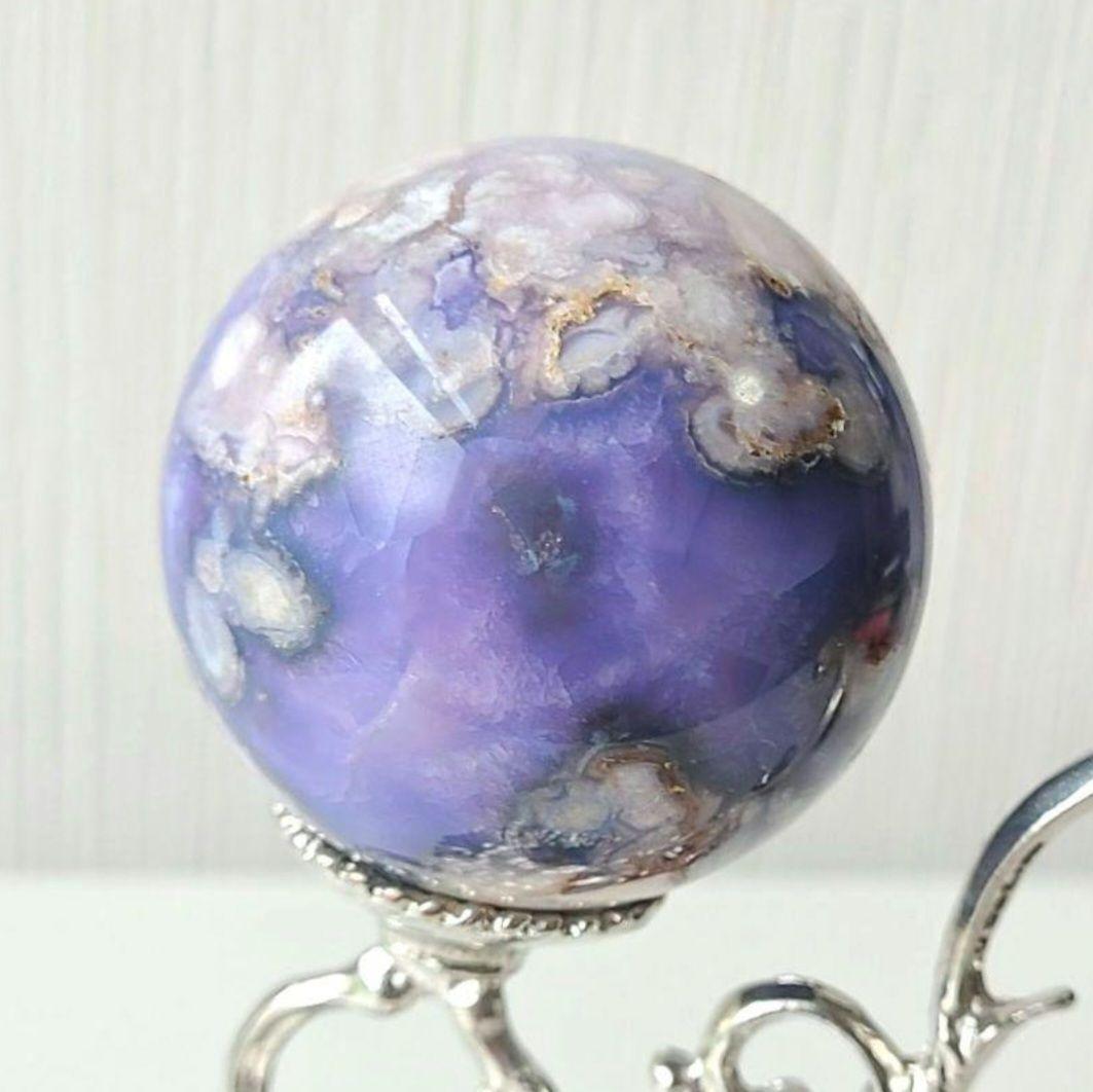 ブルー桜瑪瑙　スフィア　天然石置物　フラワーアゲート　原石　丸玉　ディスプレイ