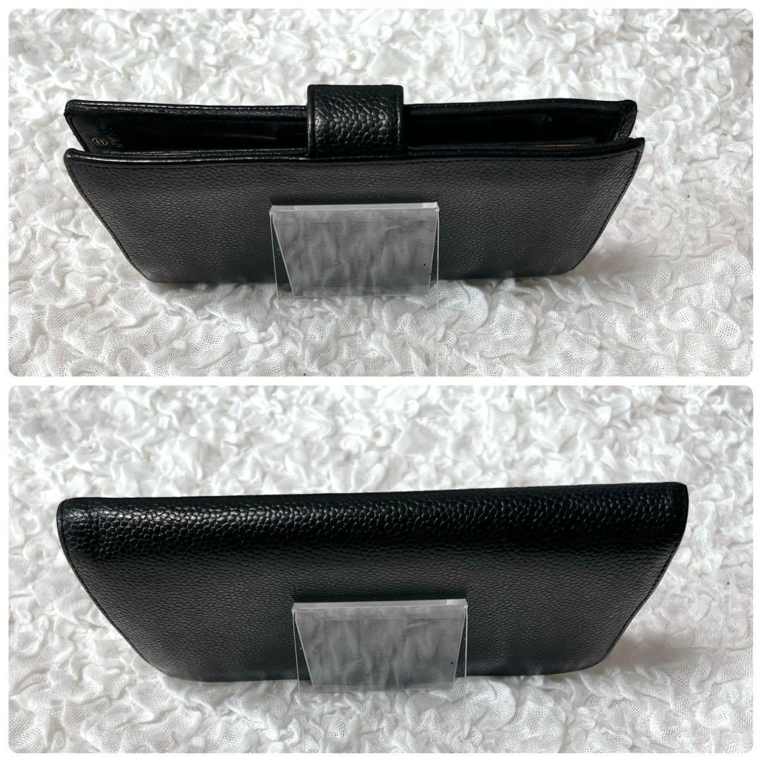 CHANEL ブラックレザー 二つ折り財布　キャビアスキン　がま口　レザー　ココ