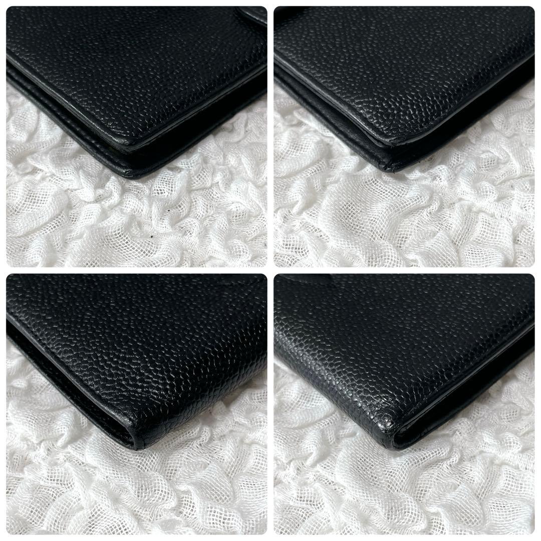 CHANEL ブラックレザー 二つ折り財布　キャビアスキン　がま口　レザー　ココ