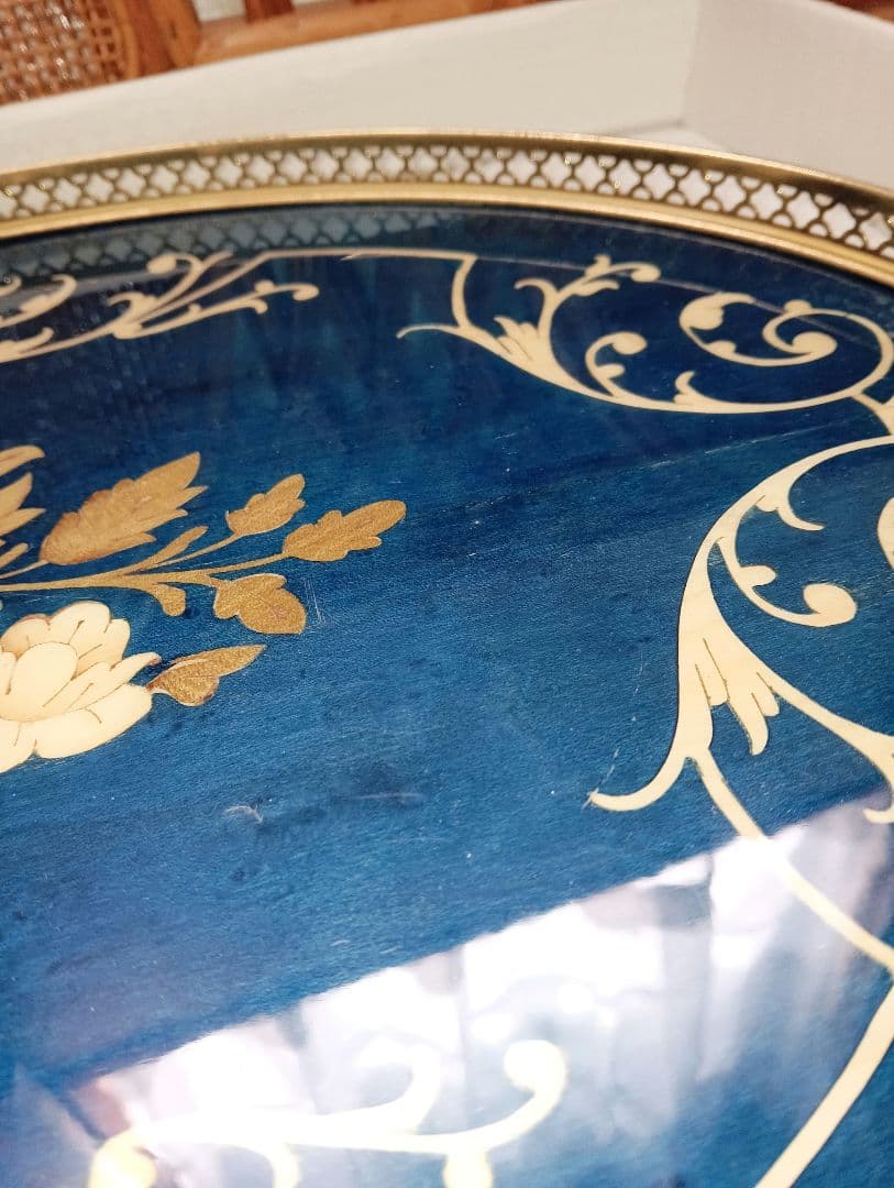 青い花柄の楕円形トレイ おぼん