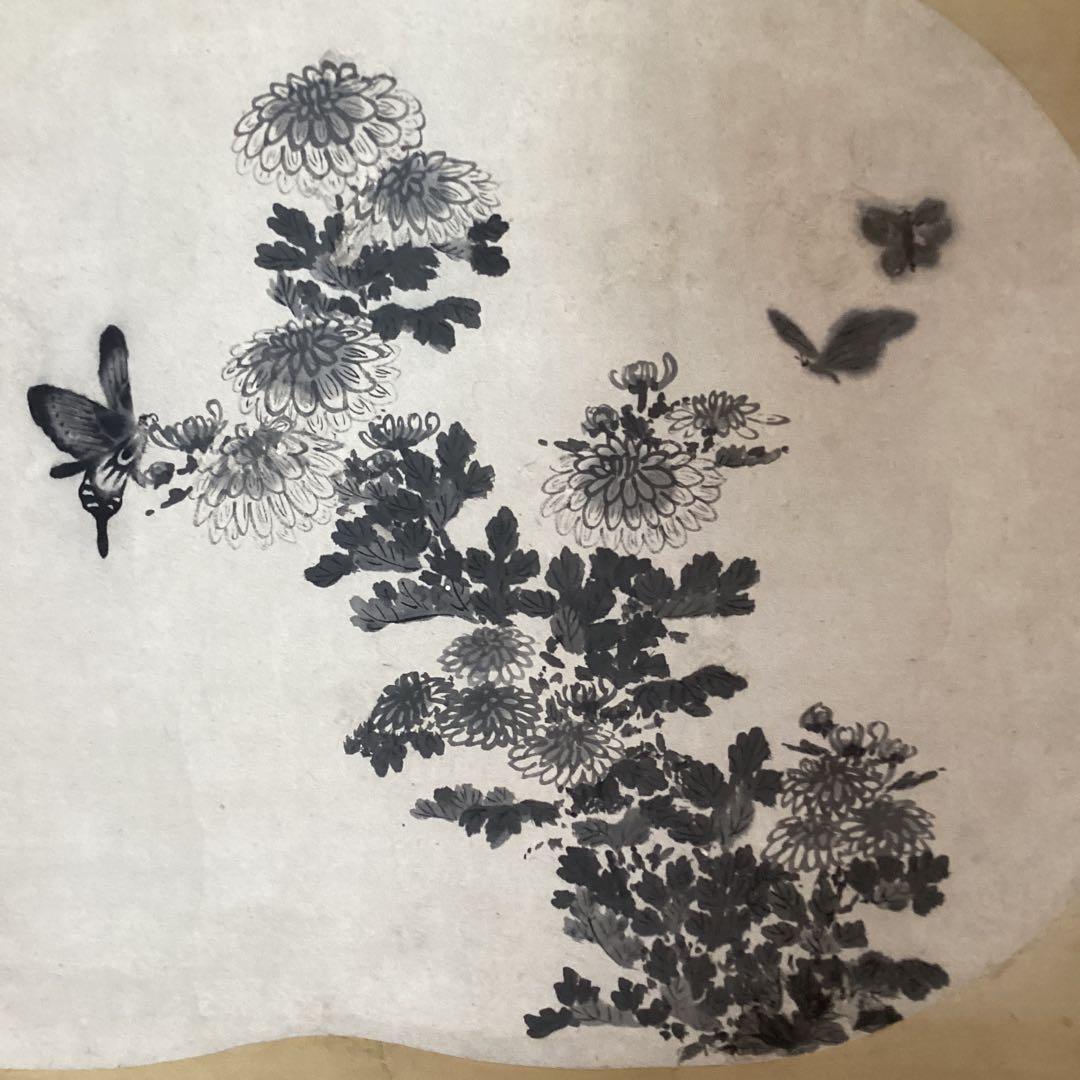 松花堂昭乗筆　紙本水墨画掛軸　《菊花舞蝶之図》　軸先紫檀　掛軸一幅　309