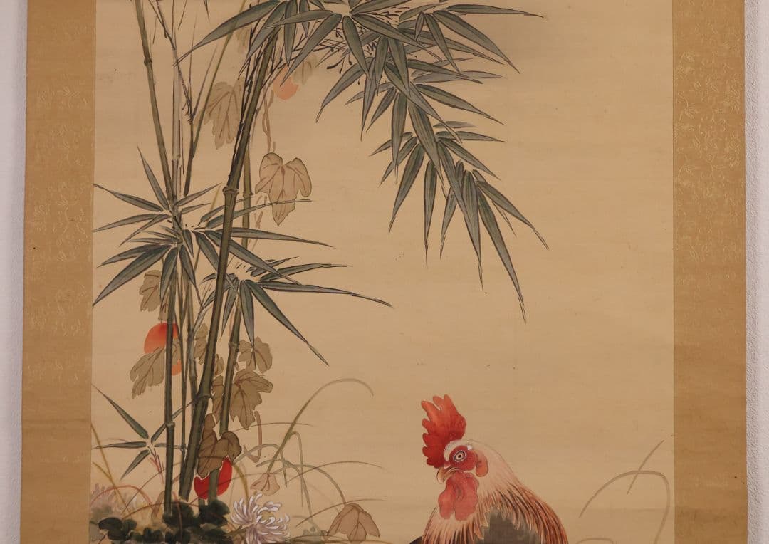【模写】日本画 荒木寛畝 鶏図 絹本 掛軸 花鳥 MB155