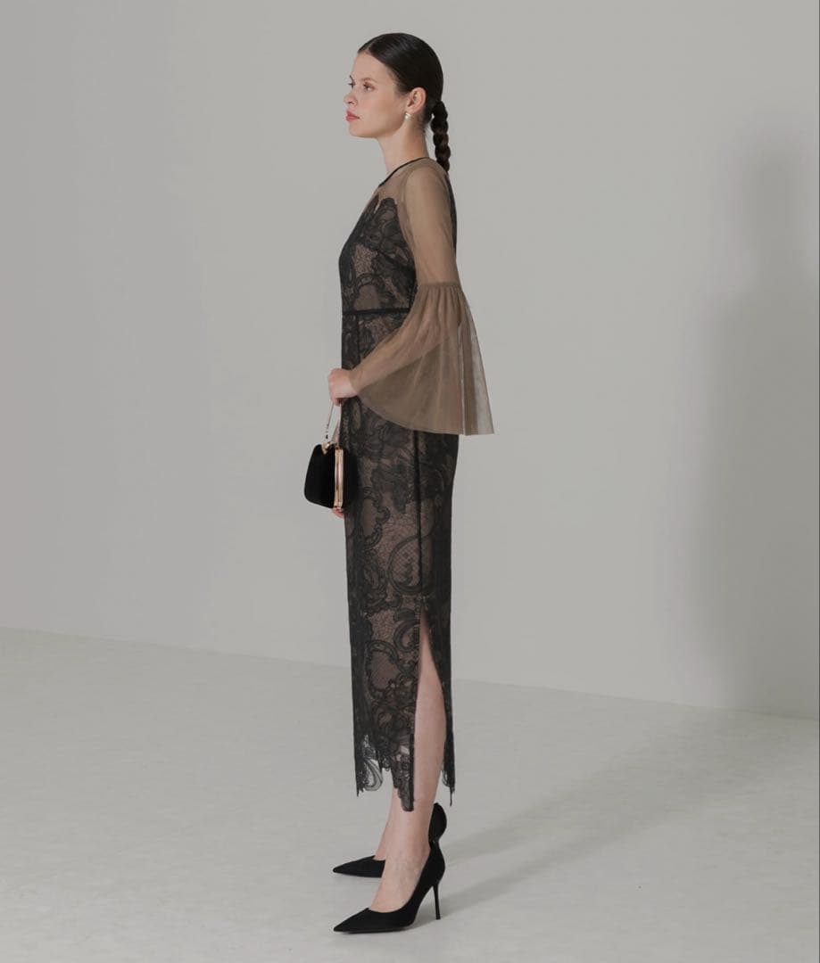 【LEJA】シアー刺繍レース透け感プリーツスリーブ お呼ばれドレス（Sサイズ）