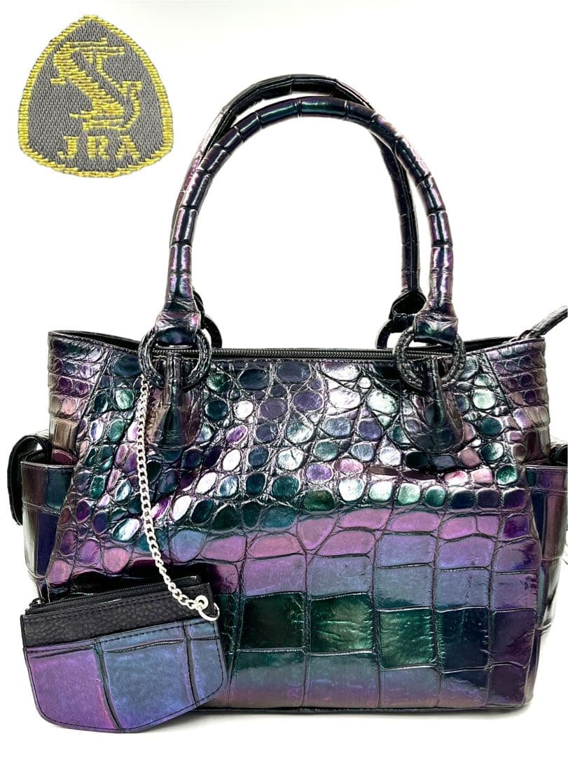希少カラー玉虫色 高級皮革JRAクロコダイル　ハンドバック